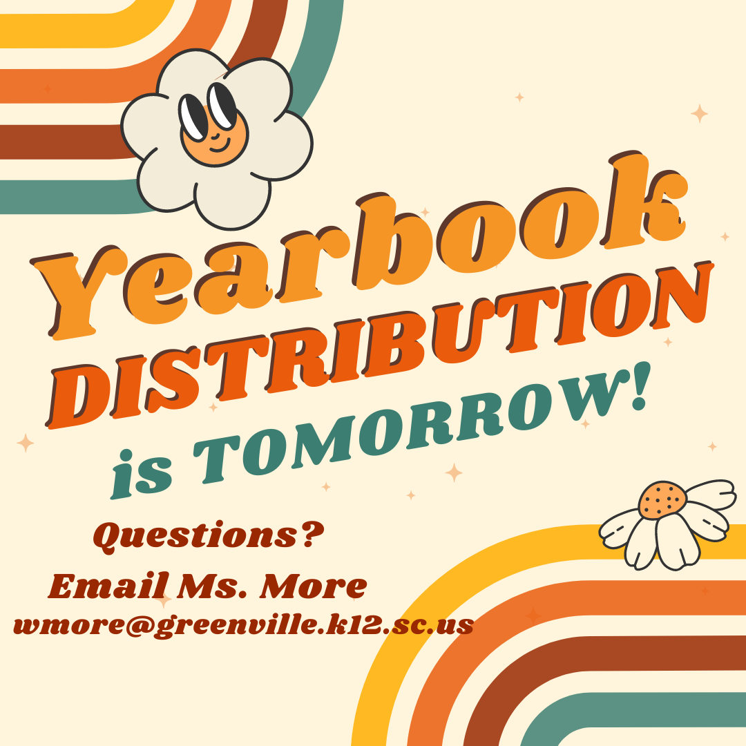 Picture is retro colors with 2 smiling flowers and information about yearbook contact.