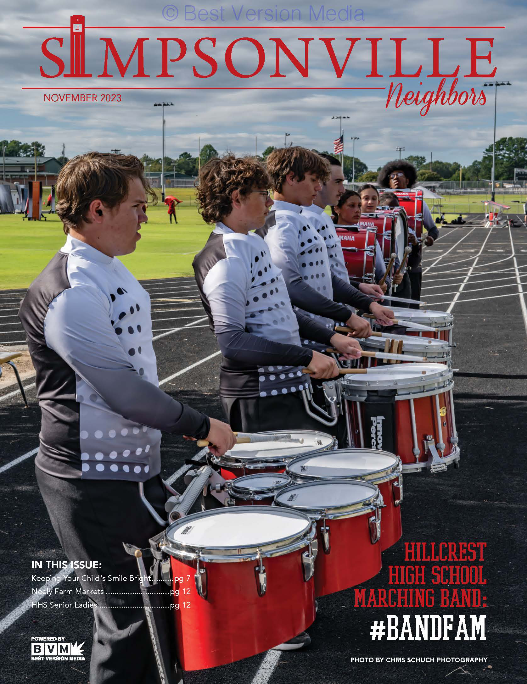 Image is the cover of a magazine with red writing. It includes band performers.