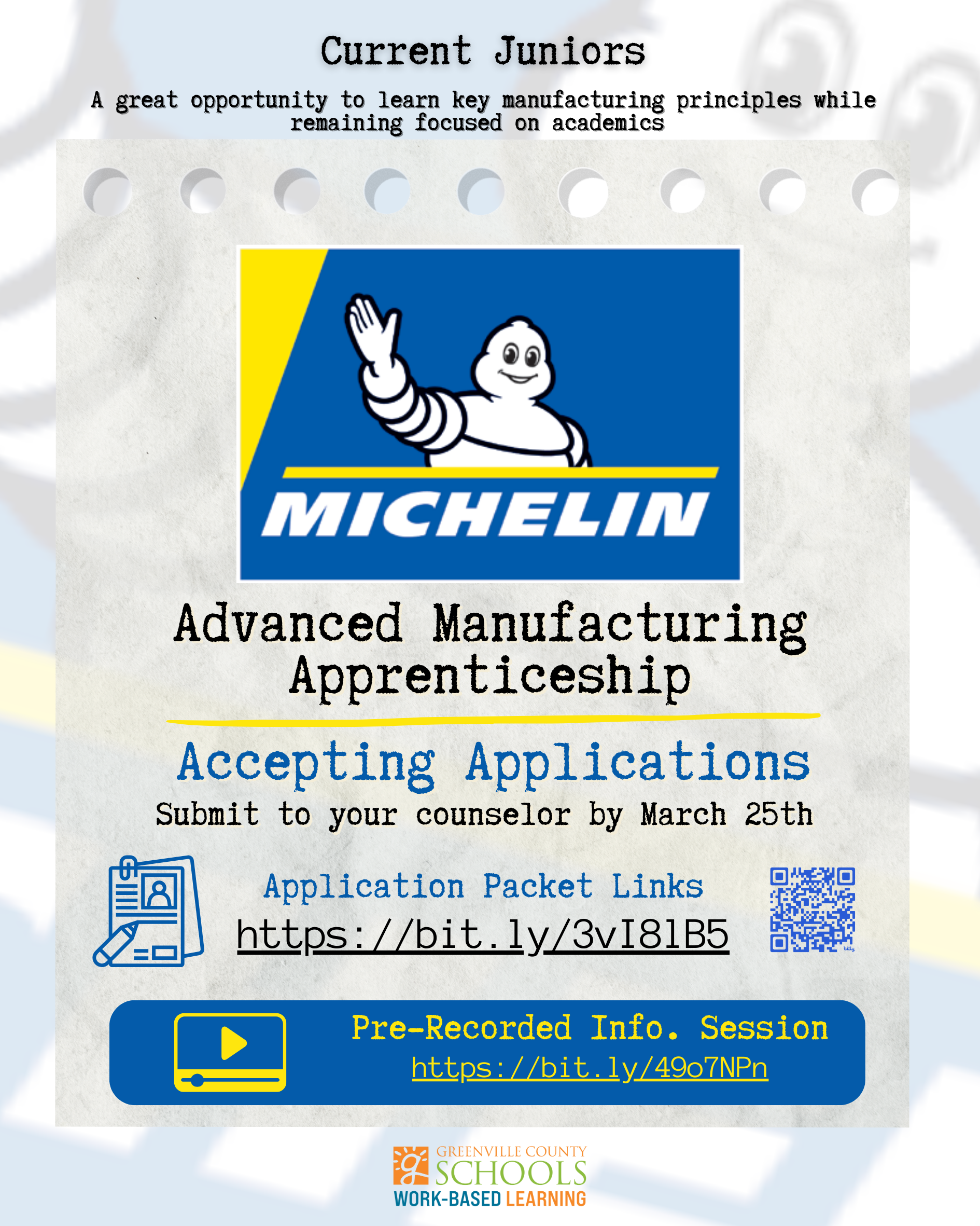 Flyer is white, yellow, and blue with Michelin information