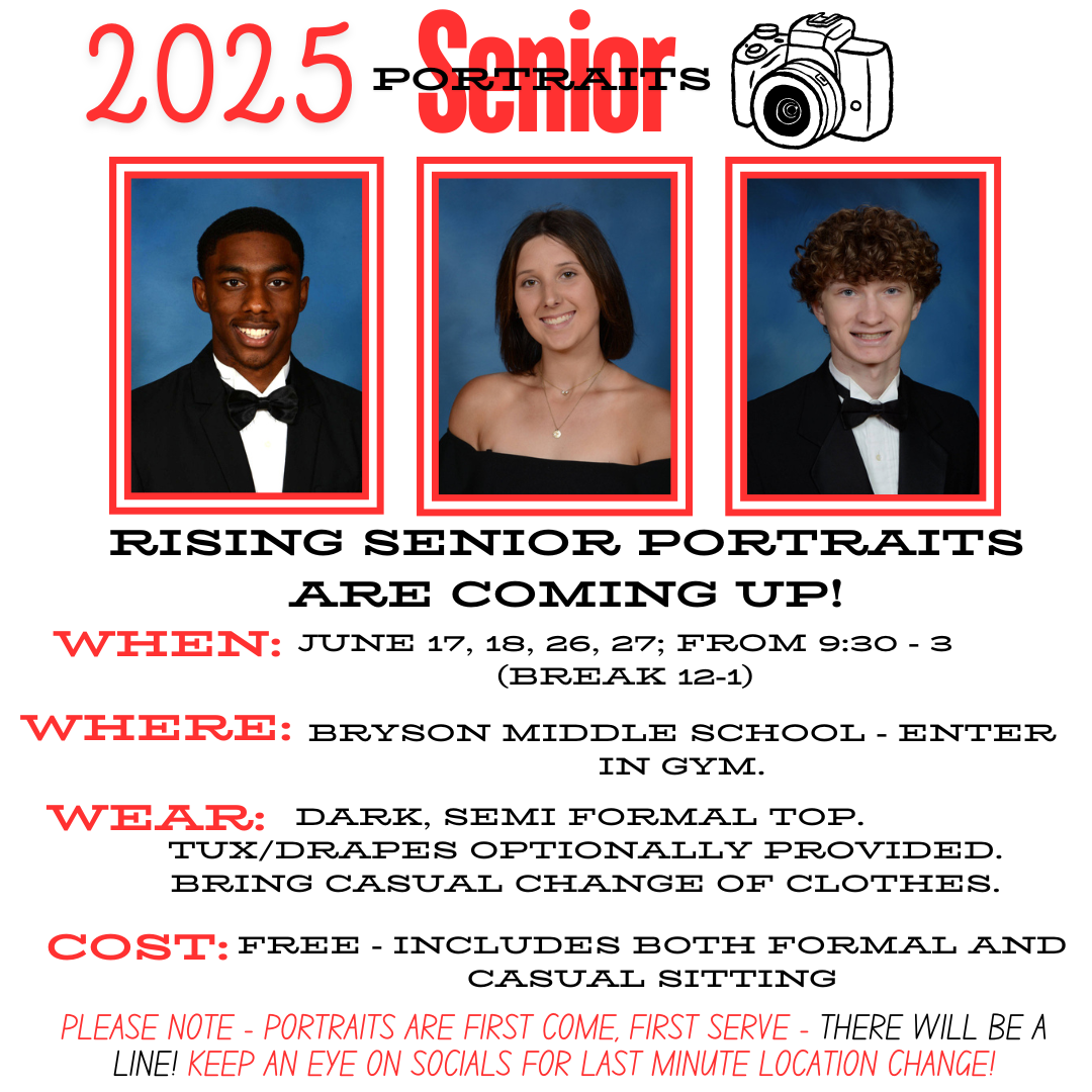 Flier is red and white and black wtih formal portraits of students and portrait info.