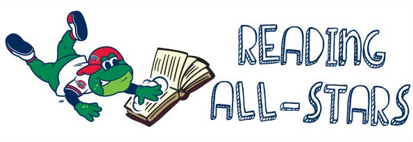 Cartoon frog reading a book, statement: Reading All Stars