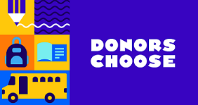 Pencil, backpack, book, and school bus on left hand side. Blue background with words Donors Choose on right hand side.