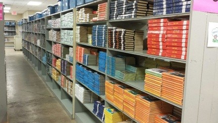 warehouse shelves with books