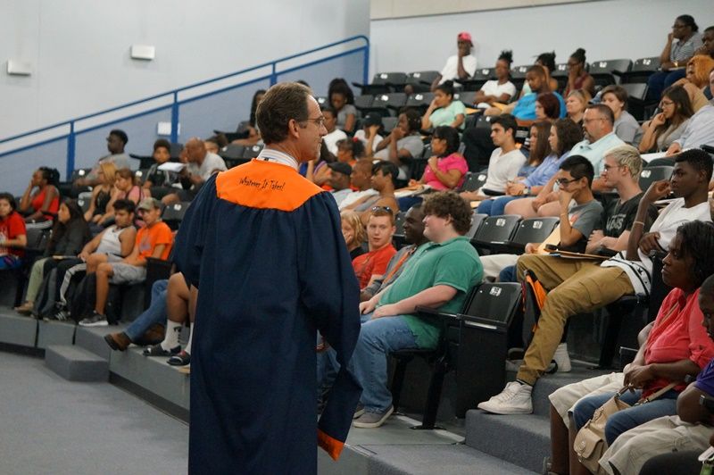 Principal Delaney gave a motivational speech, encouraging students to focus on their futures and never give up. 