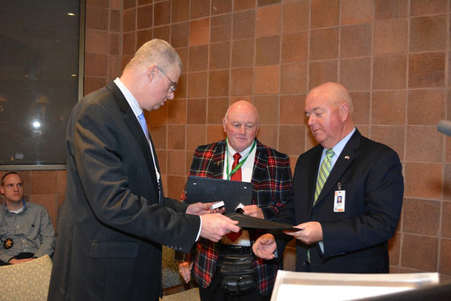 Superintendent Burke Royster (left) with board members Pat Sudduth (center) and Chuck Saylors (right)