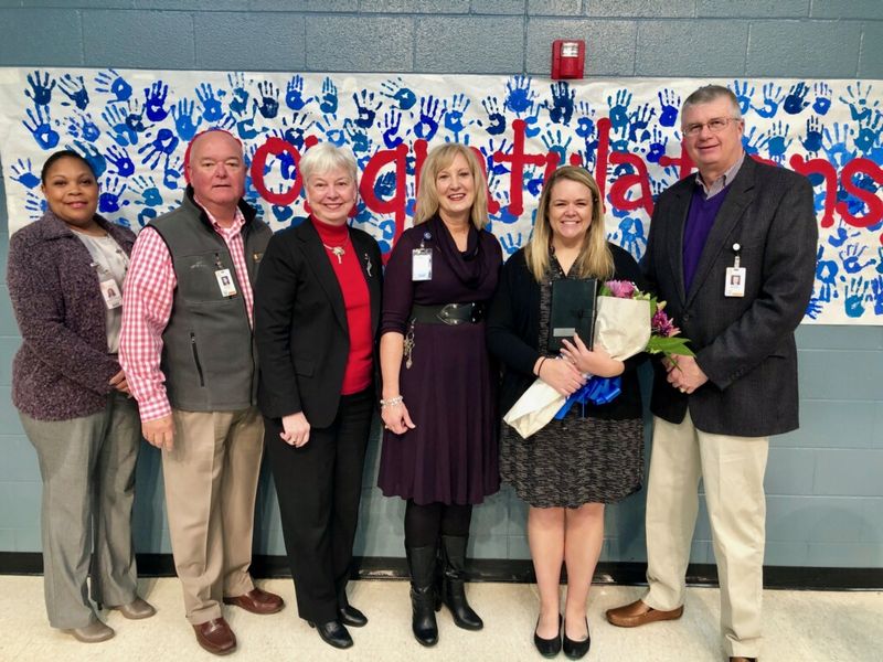 Assistant Superintendent Megan Mitchell-Hoefer, School Board Chairman Chuck Saylors, SCASA Executive Director Beth Phibbs, Simpsonville Elementary Principal Jackie Earle and Superintendent Dr. Burke Royster.