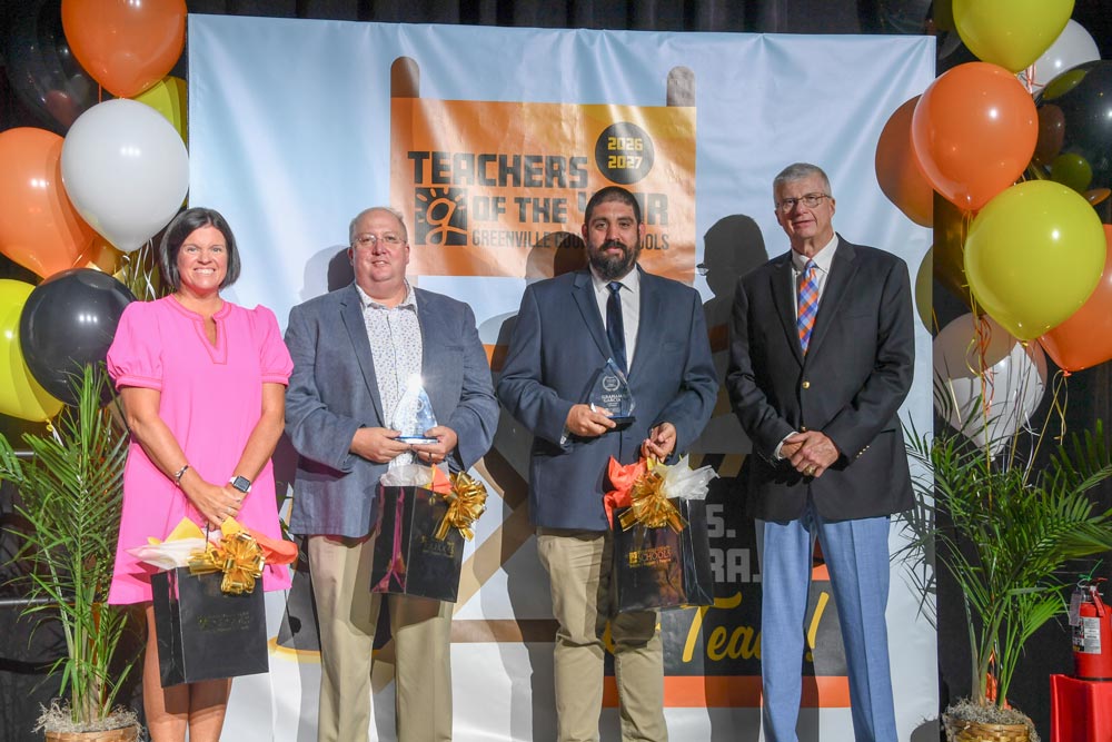Teacher of the Year Runners-Up: Jessica Yale, Bill Twaler, Graham Garcia, Superintendent Dr. Burke Royster