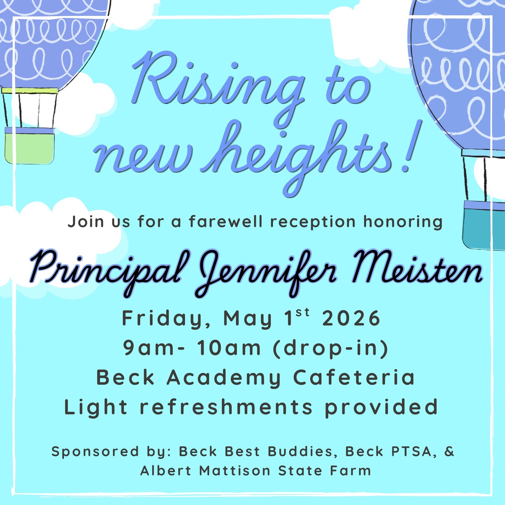 Honoring, Ms. Meisten. This event will take place on Friday, May 1 from 9-10 am (drop-in). Parents, former students/colleagues, and community members are invited to attend. (Current students will remain in class at the time of the reception and will have other opportunities to honor Mrs. Meisten.)