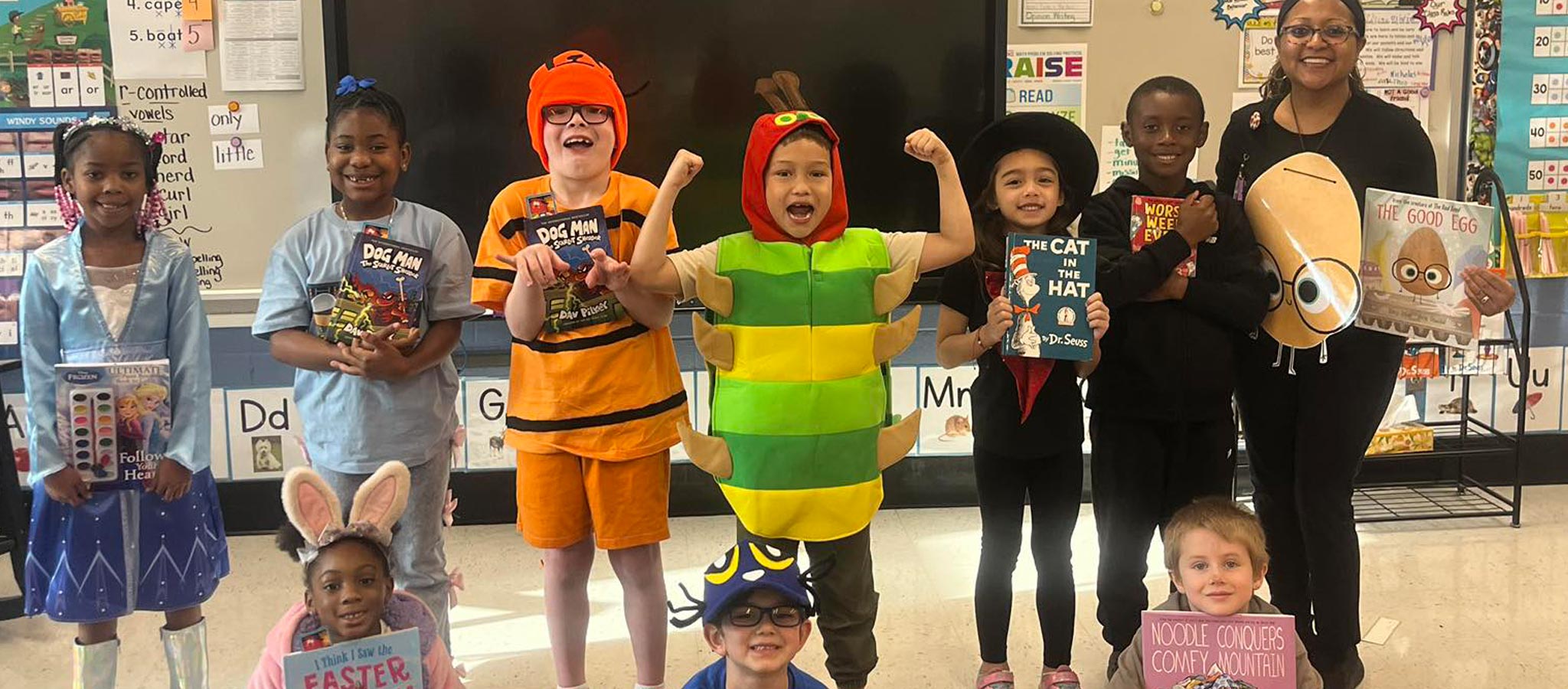 Students in character with reading books