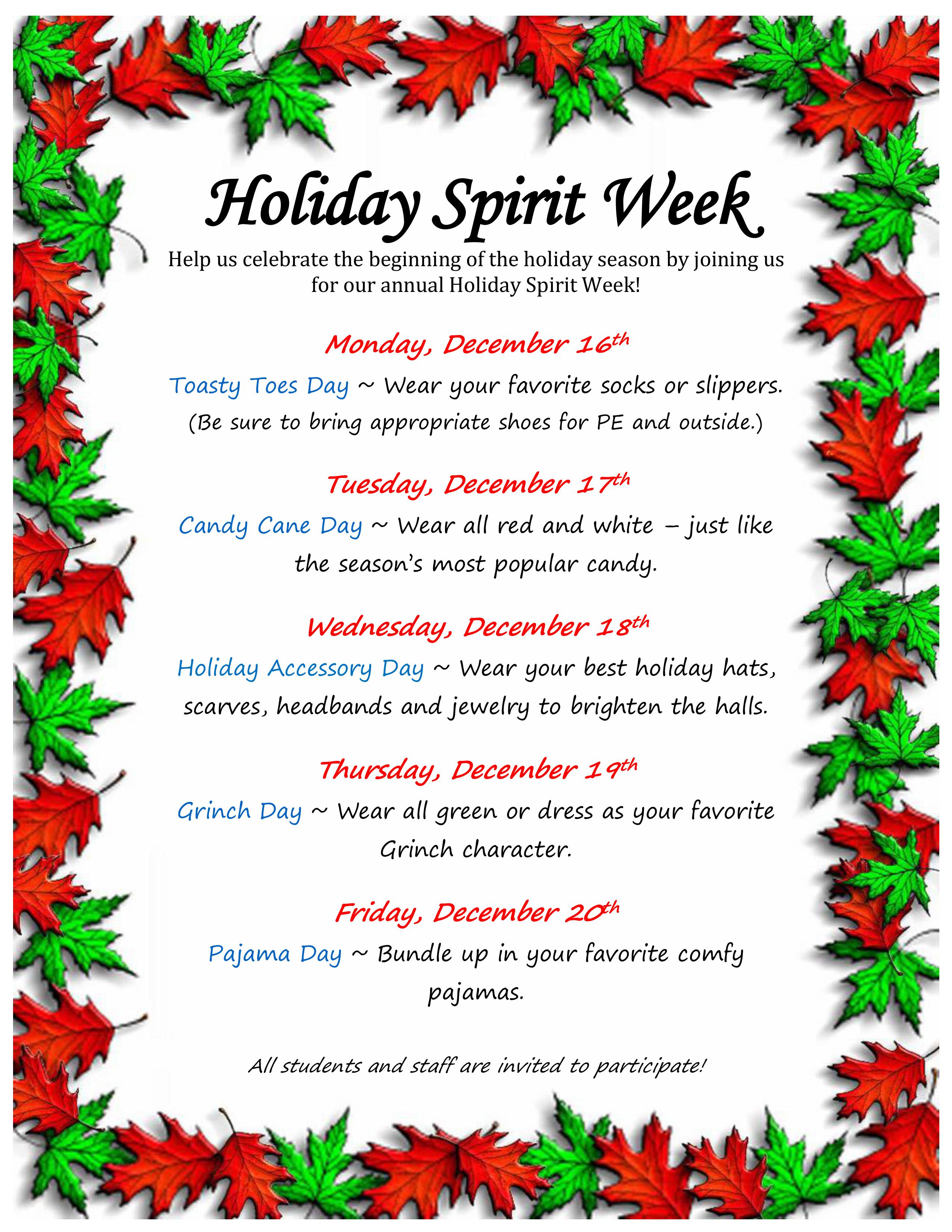 Holiday Spirit Week Schedule - Days listed below image.