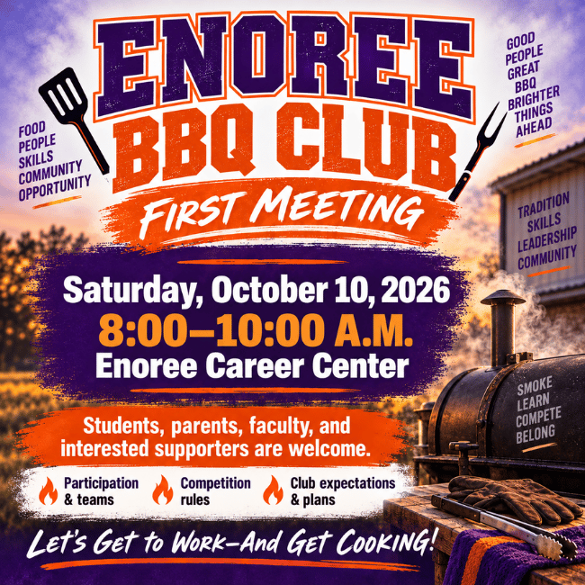 Enoree BBQ Club first meeting, October 10, 2026, from 8:00 to 10:00 a.m. at Enoree Career Center