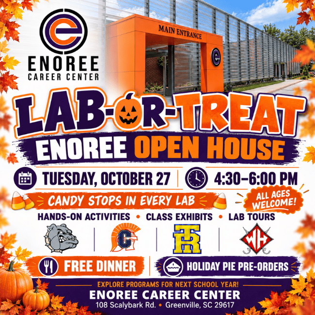 Enoree Lab-or-Treat Open House, Tuesday, October 27, 2026, from 4:30 to 6:00 p.m. All ages welcome for candy stops, hands-on activities, lab tours, free dinner, and holiday pie pre-orders.