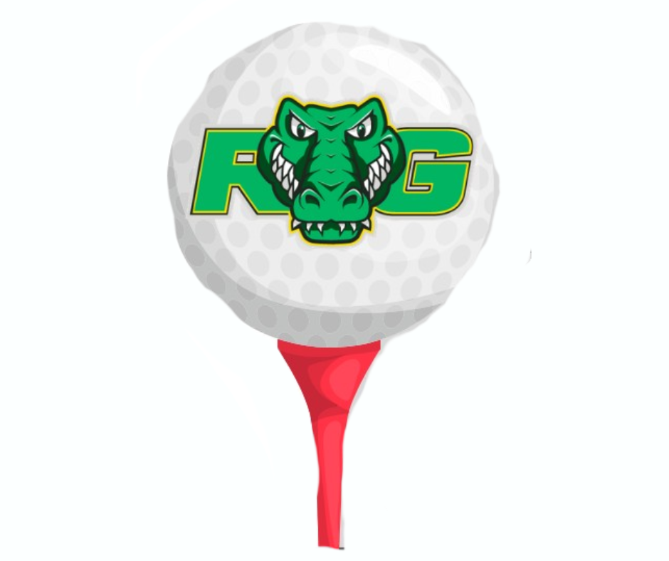 golf tee with letters RG in golf ball with alligator head in the middle