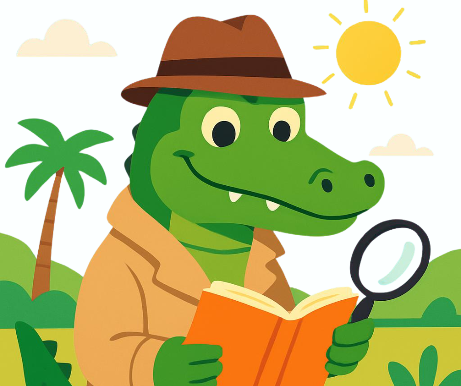 Alligator dressed as a detective reading in the summer