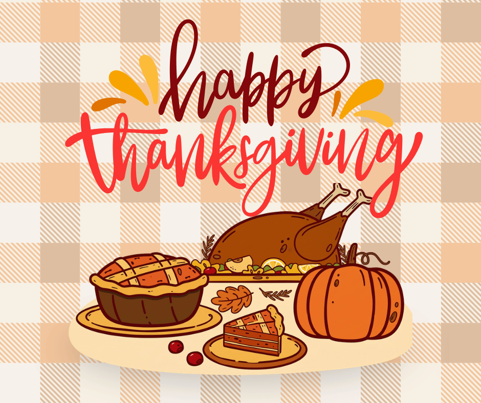 Happy Thanksgiving with a cartoon image of a Thanksgiving meal