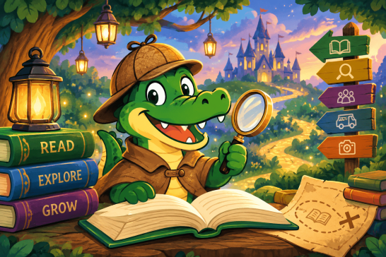 A cartoon gator dressed as a detective wearing a hat and using a magnifying lens to read a book