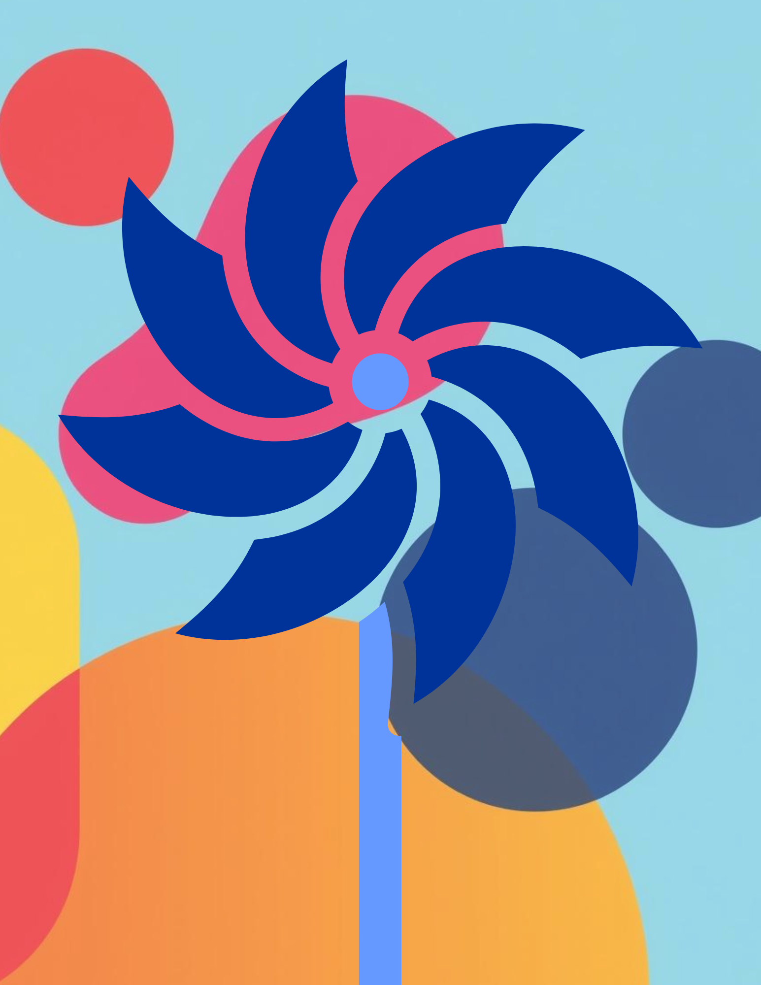 Image is blue, pink, orange, and yellow shapes with a blue pinwheel in the center.