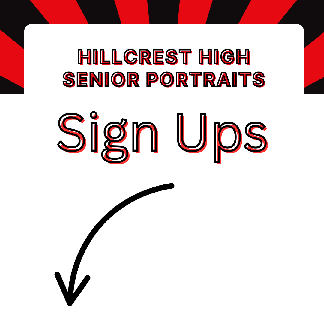 Image is red, black, and white with the words "Hillcrest High Senior Portraits" in red and black.