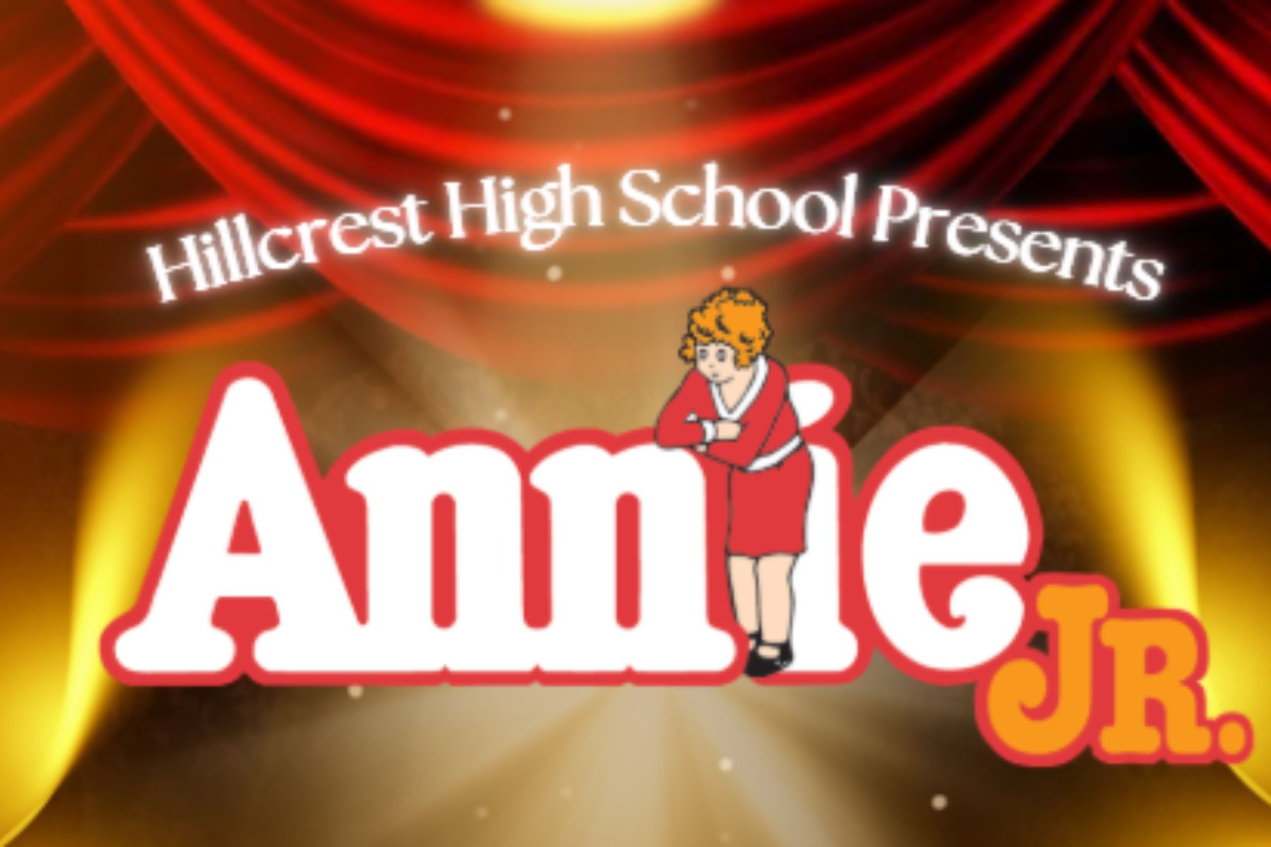 Image has a gold and red theatre curtain background iwth the official Annie jr logo