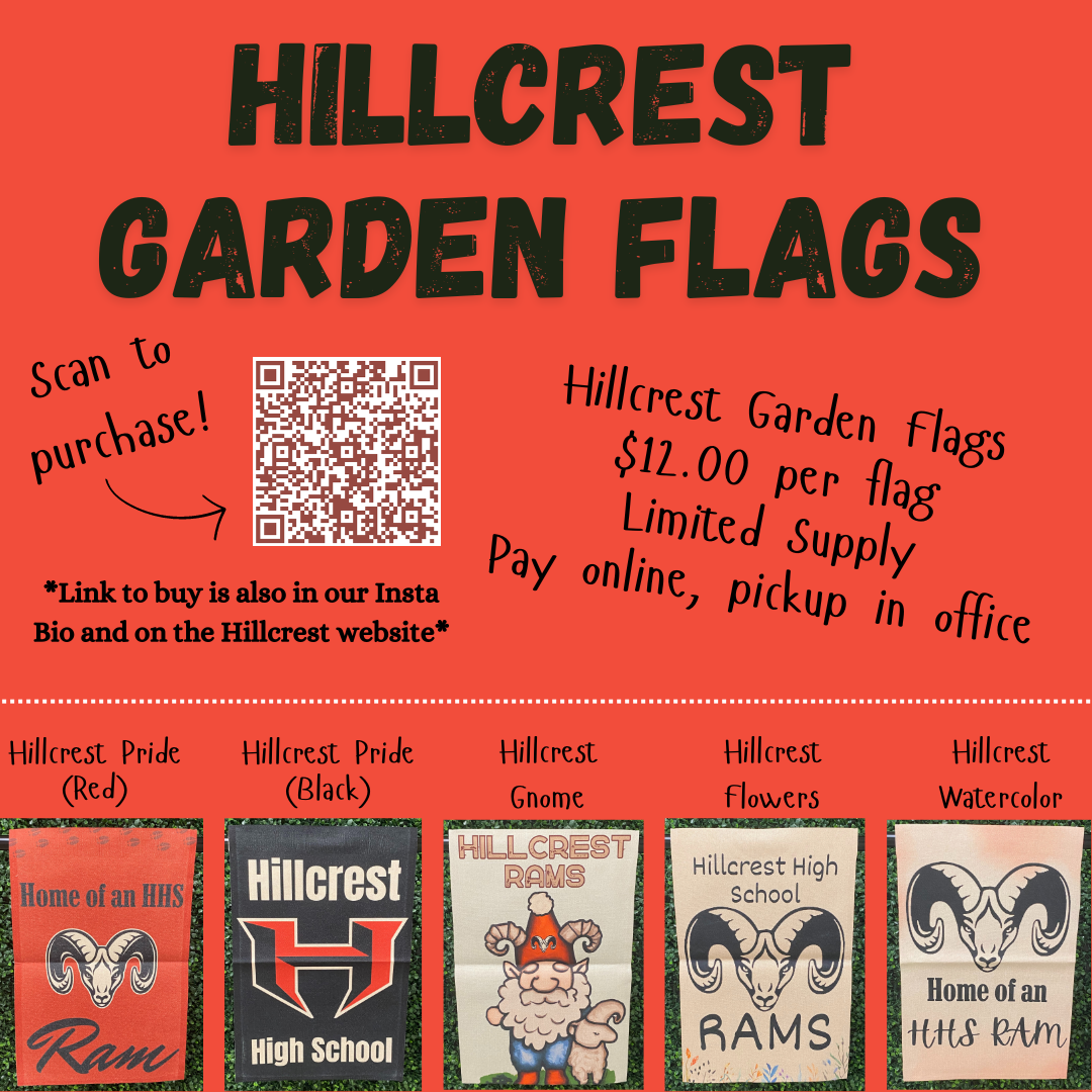 image is 5 Hillcrest flags with a red background. Information is in black.