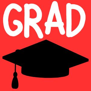 Image is red with black graphic of a grad cap and the word Grad in white