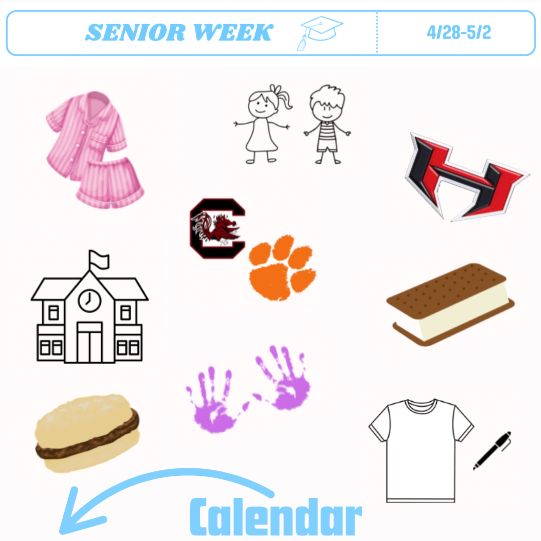 Image has blue writing with smaller cartoon images to indicate day's events