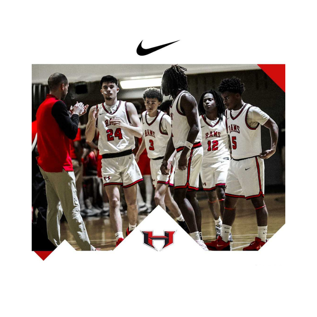 Image has a photo of the HHS basketball team with red and black graphics.