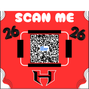 Image is red with white and black graphics. The number 26 as balloons and the QR code in the center.