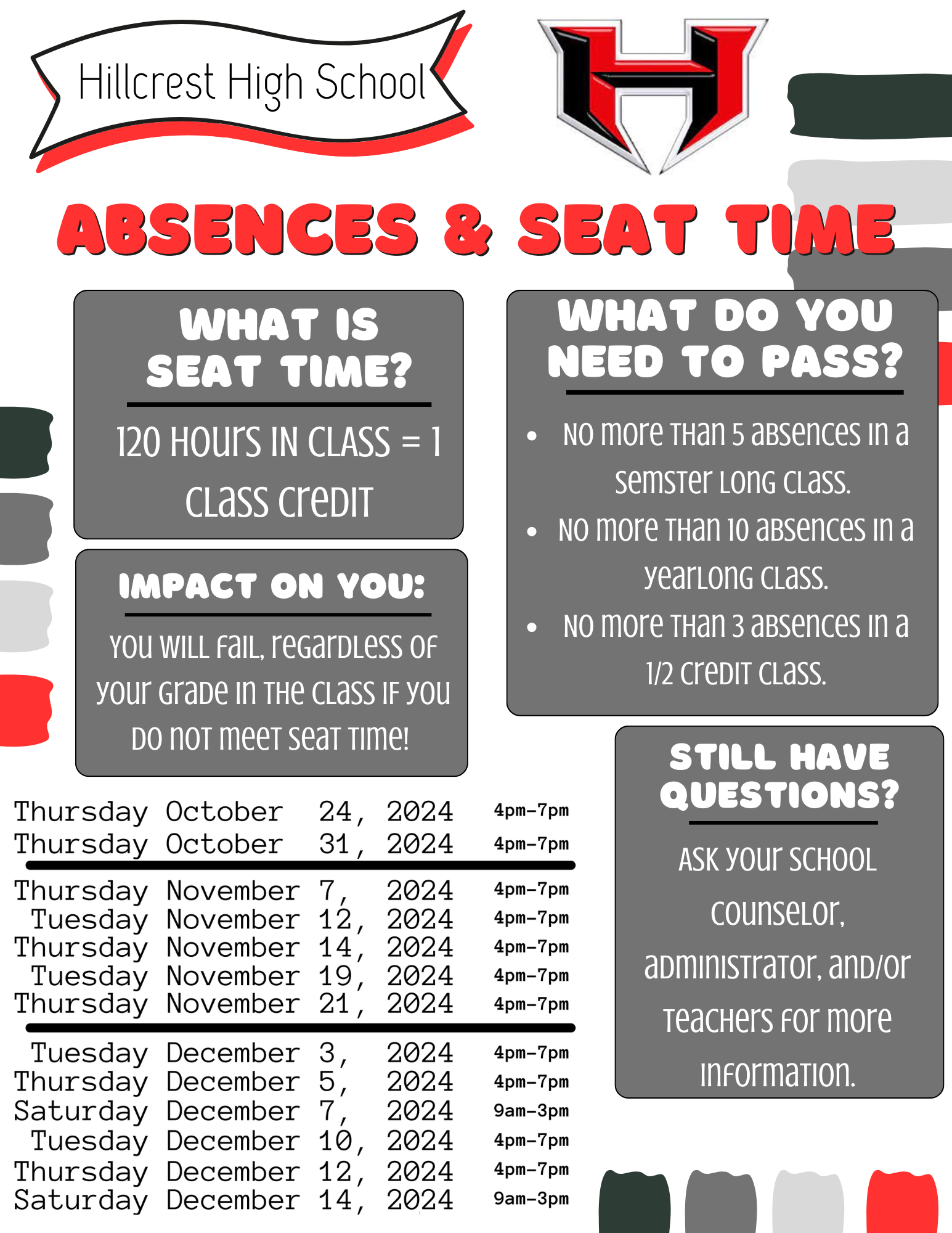 Image is read, black, and gray with seat time info in black.