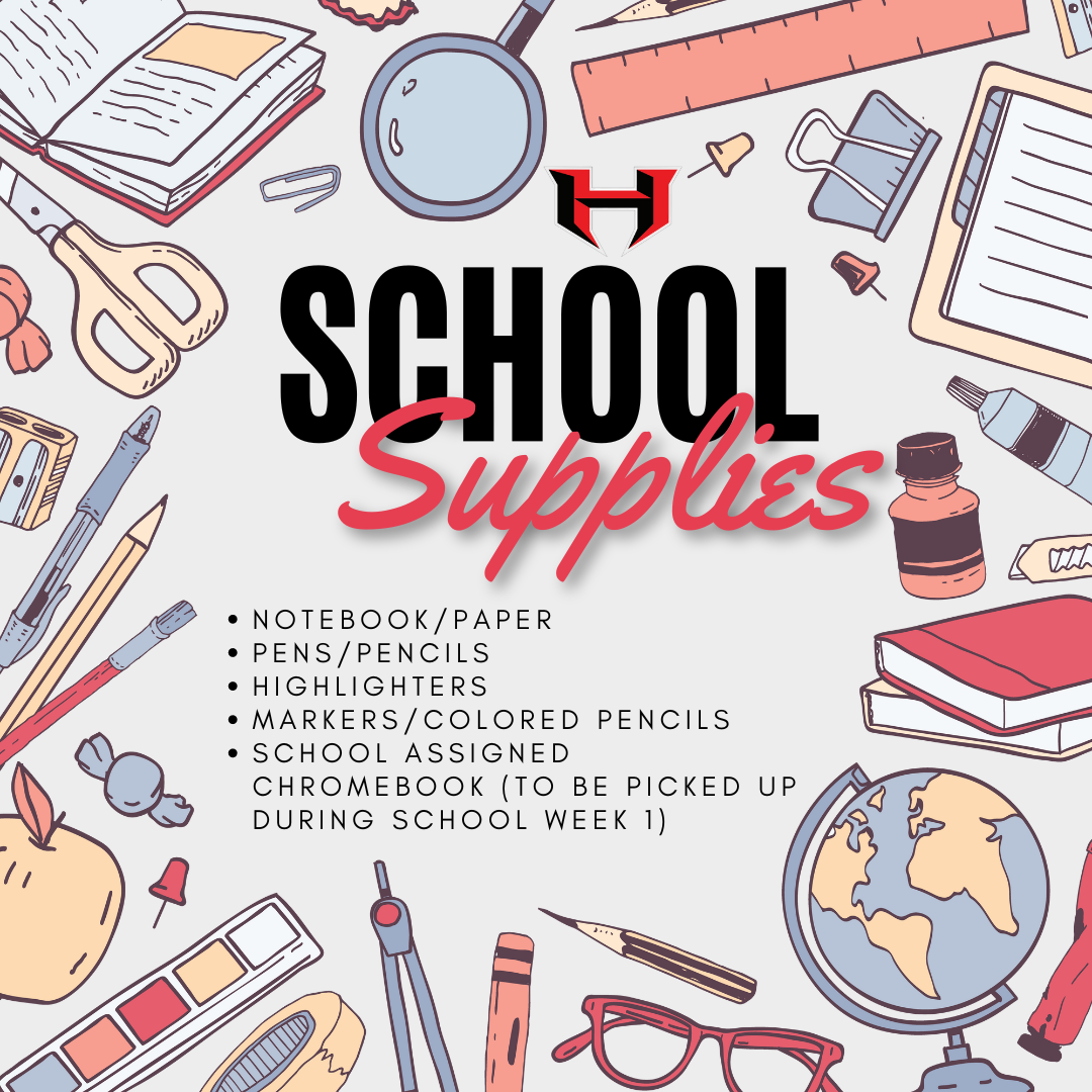 Image is gray with school supplies and the information in the text.