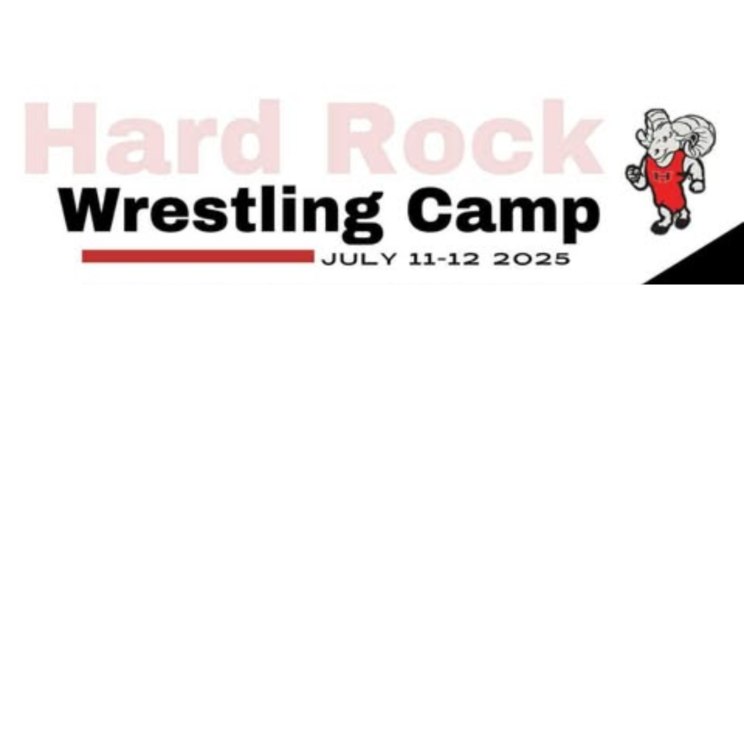 The image is with, red, and black with a ram and the words" Hard Rock Wresting Camp"