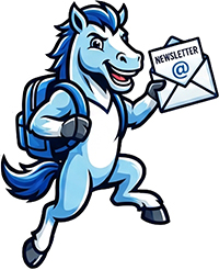 icon: cartoon mustang wearing a backpack and holding a mailed newsletter