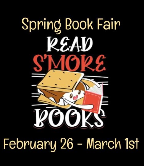 black background with a cartoon s'more with Book Fair details listed
