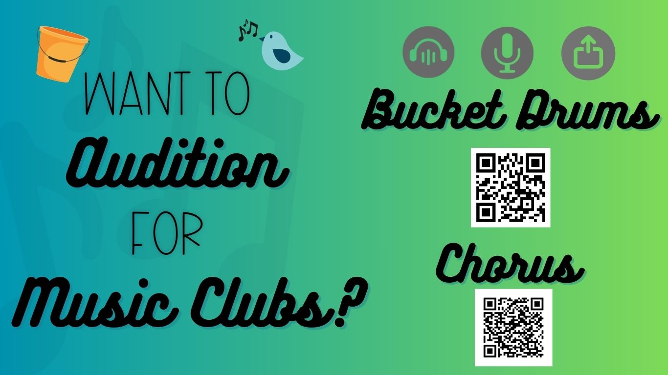Green background with black text with QR codes
