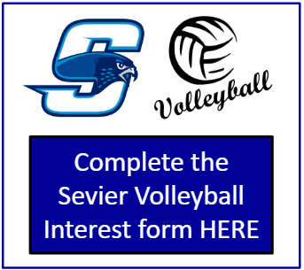 volleyball and Sevier Falcon logo with word stating Complete volleyball interest form HERE
