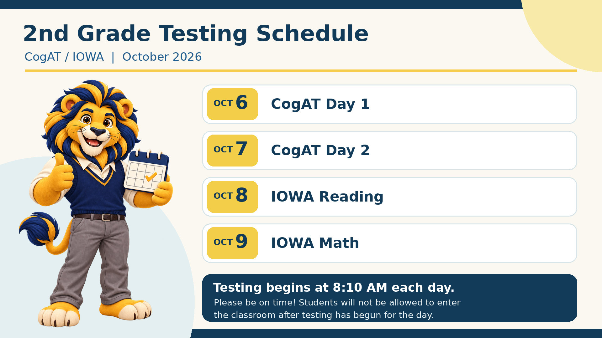 CogAT/Iowa 2nd Grade Testing Schedule