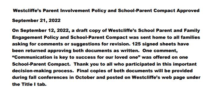 Parent Involvement Policy Approved Letter - Click for a PDF Version of this Letter
