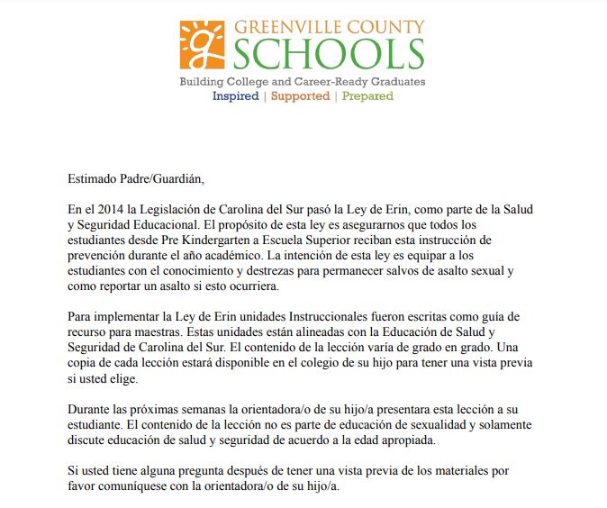 Spanish version of Erin's Law Letter from Counselor:  Click for pdf version