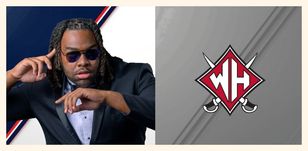 A senior in a tuxedo and sunglasses on the left and the Wade Hampton shield logo on the right.