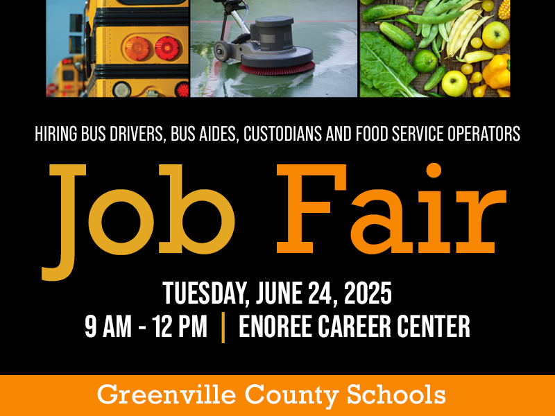 An image of the end of a bus, a machine buffer, and fruits and vegetables on a table on a black background. There is text below, “Hiring bus drivers, bus aides, custodians and food service operators. Job Fair Tuesday June 24, 2025 9 AM - 12 PM Entree Career Center Greenville County Schools.”