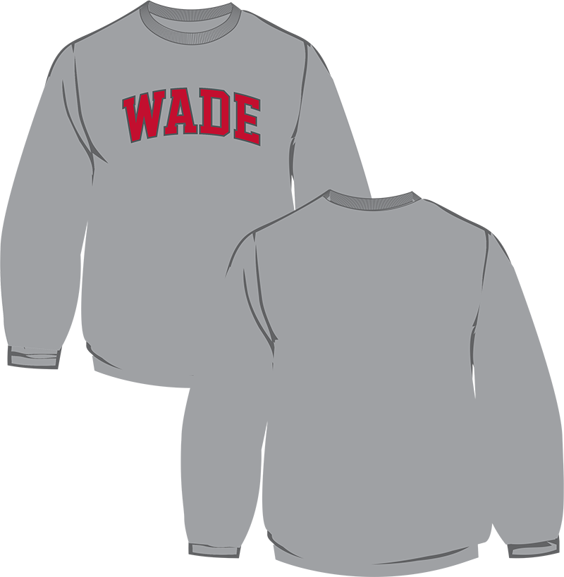 gray sweatshirt with red text spelling WADE.