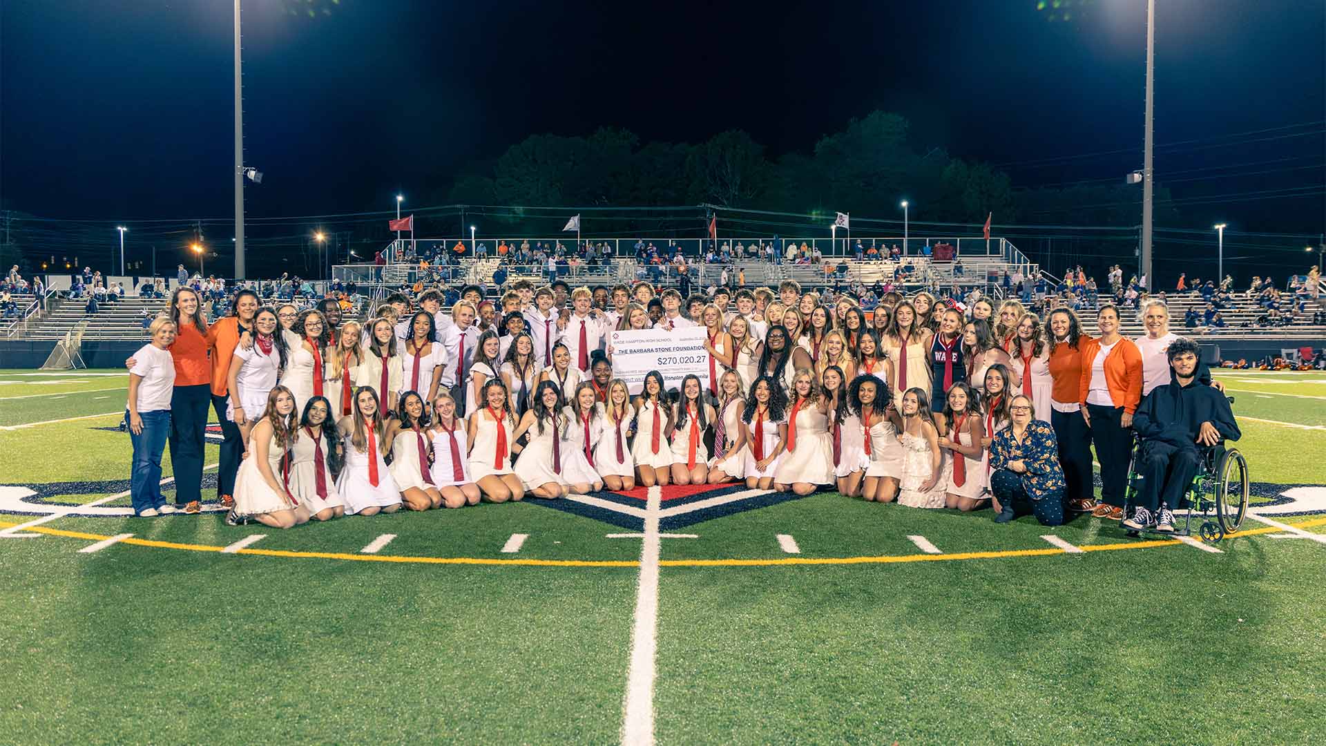 Students surrounding a check for $270,020.27
